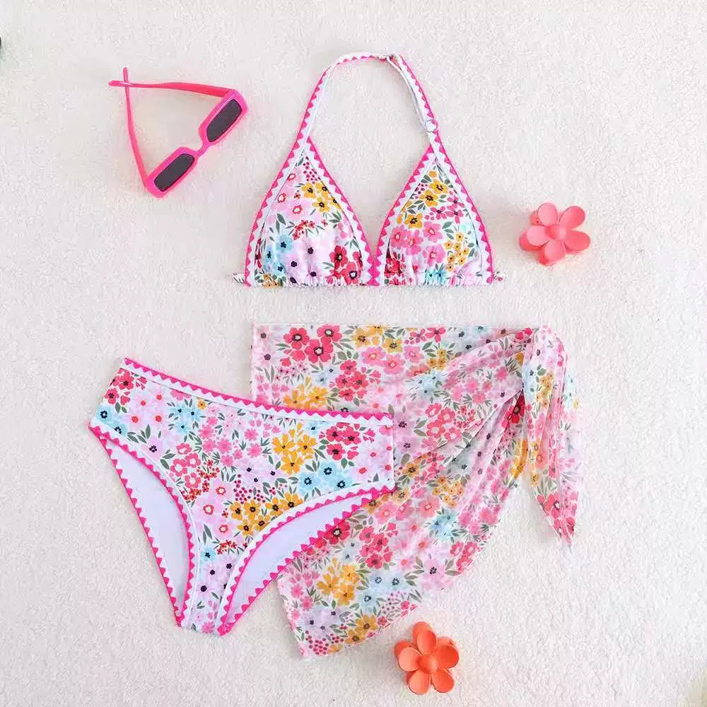 

Купальник-бикини с завышенной талией и цветочным принтом для девочек, 3 предмета, детский купальный костюм для плавания, для девочек 13-16 лет, коллекция 2026 года