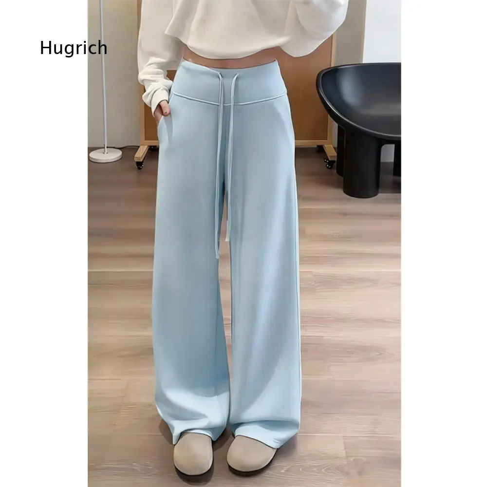 Womens Casual Long Wide Leg Pants High Waist Curved Stitch Detail Soft Stretch Fabric Relaxed Trousers With Side Pockets