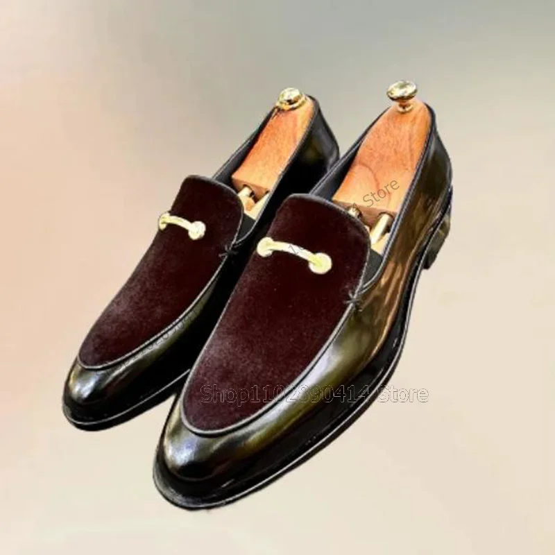 

Metal Decor Bugandy Black Leather Fur Patchwork Loafers Fashion Slip On Men Shoes Luxury Handmade Party Feast Men Casual Shoes