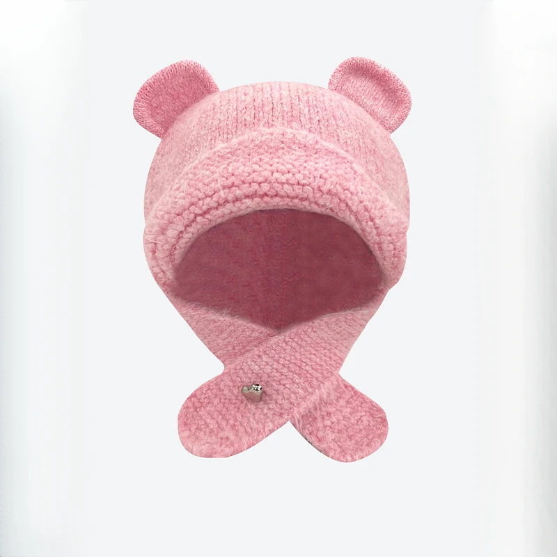 2024 New Japanese Cute Bear Ear Woolen Bomber Hat Woman Girls Autumn and Winter Warm Neck and Ear Knitted Pullover Cap