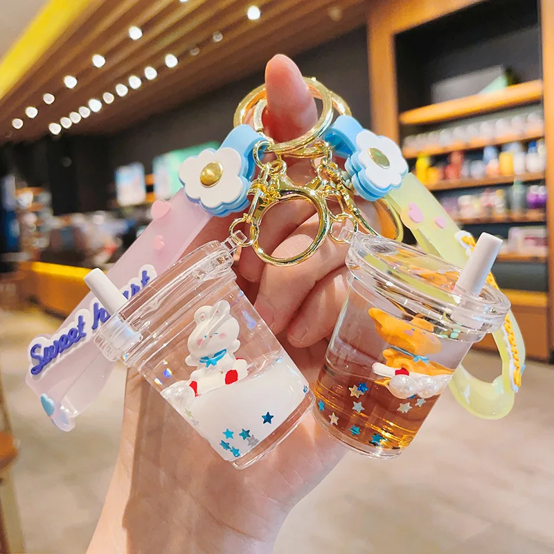 Cute Moving Tie White Rabbit Dog Star Quicksand Bottle Key Chain Lovely Floating Coffee Bear Pearl Liquid Bubble Tea Cup Keyring