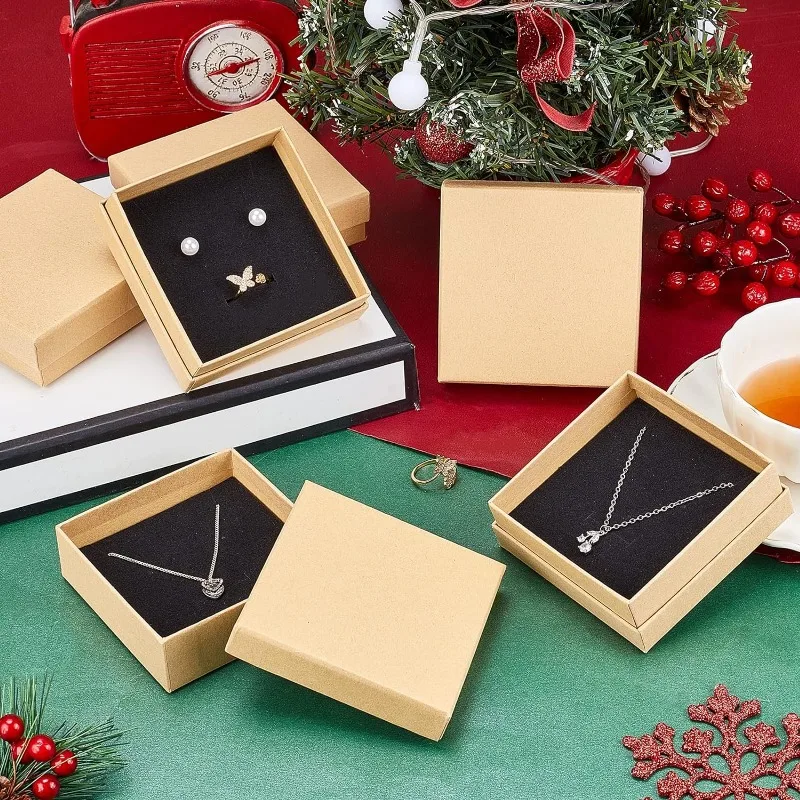 

24 Pcs Cardboard Jewelry Boxes 3.54×3.54x1.18 Square Cardboard Box Paper Kraft Paper Gift Packaging Box for Christmas