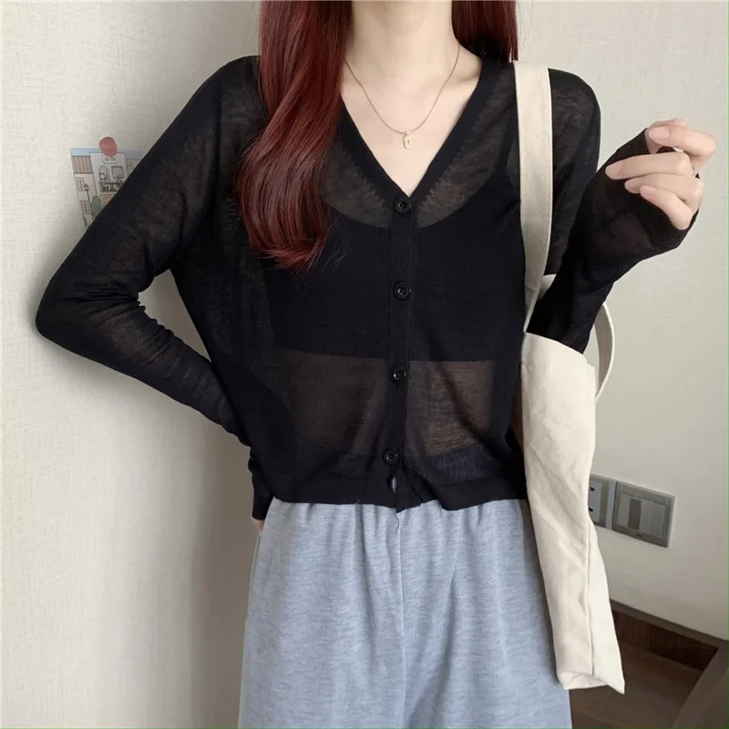 2024 Summer Fashion Korean Style Loose Slimming V-Neckline Short All-Match Sun Protection Long Sleeve Knitted Cardigan Top Women