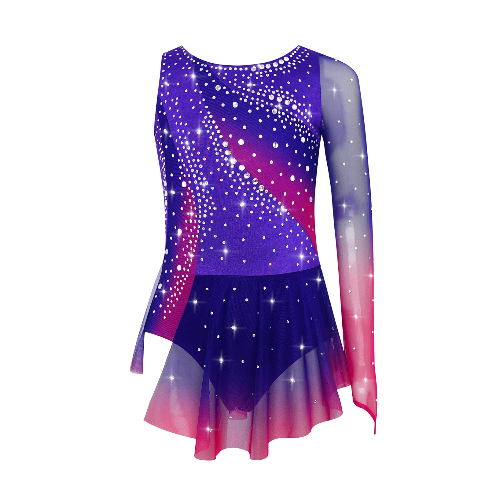 

Kids Girls Figure Skating Dress Rhinestone Asymmetrical Overlay Ballet Latin Dance Costume with Crystal Mesh for Competition