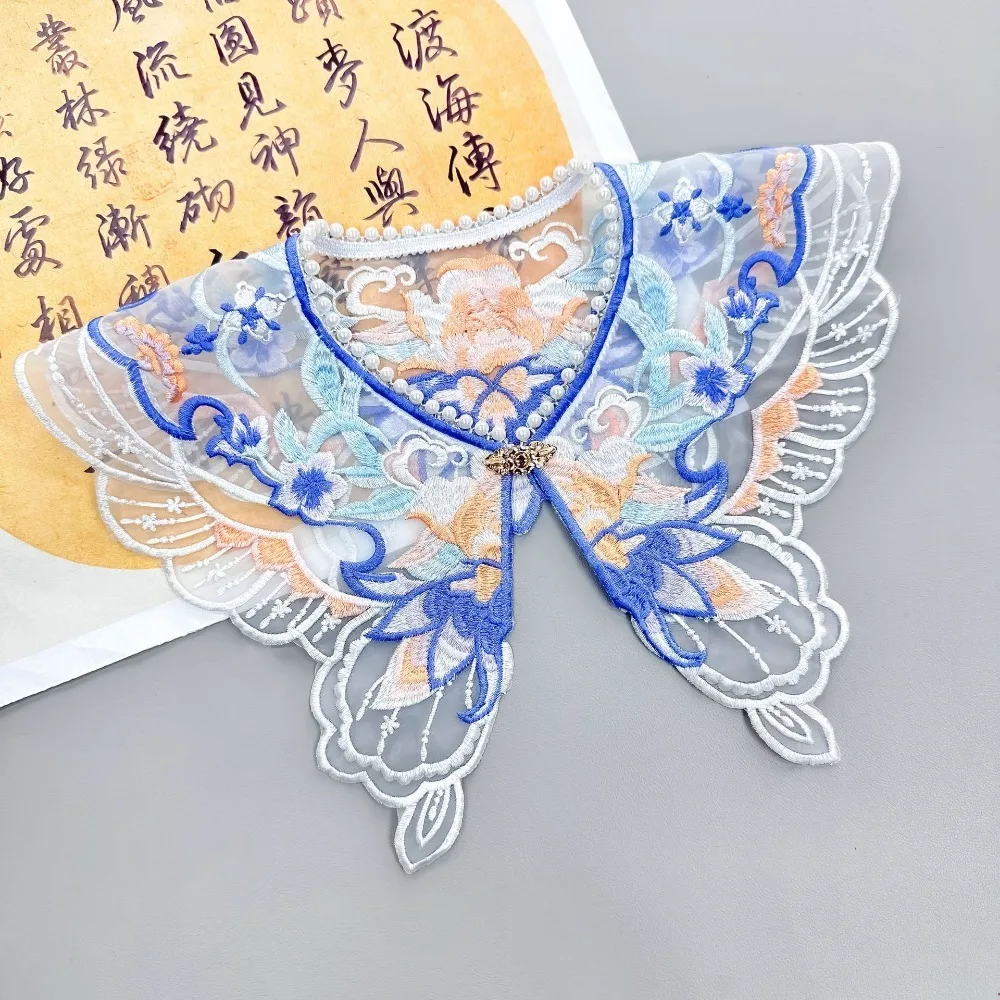 الأزهار التطريز Hanfu وهمية طوق النمط الصيني الملونة الدانتيل وهمية طوق اللؤلؤ جولة الرقبة الديكور قميص طوق النساء/الفتيات