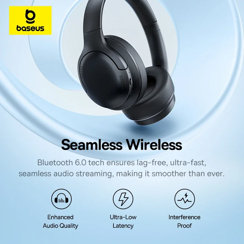 Baseus BH1 Lite Wireless Headphones Bluetooth 6.0 ENC Clear Call Headsets Super Bass Hit Earphones 80H Playtime Over Ear Headset