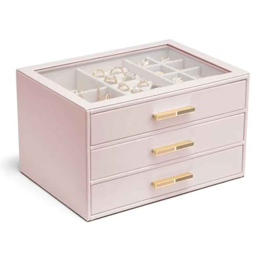 

Шкатулка для драгоценностей с 3 ящиками и стеклянной крышкой. Органайзер из искусственной кожи для колец, серег, ожерелий и более готовый подарок футляр для ювелирных изделий для Wo.