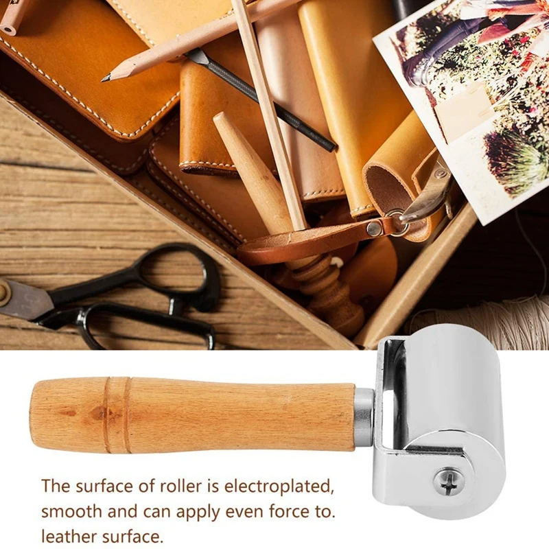 AT69 -Leather Press Roller Wooden Handle Platen Tools Leather Press Edge Roller Leather Glue Roller Metal Roll