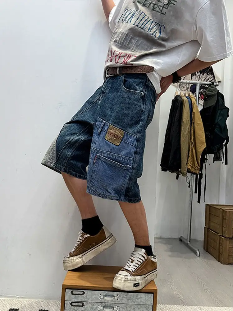 

Летние винтажные джинсовые шорты из плотного денима (5 унций) с многоцветными вставками, мужские, модные, свободного кроя, в стиле рабочей одежды, прямые, до колена