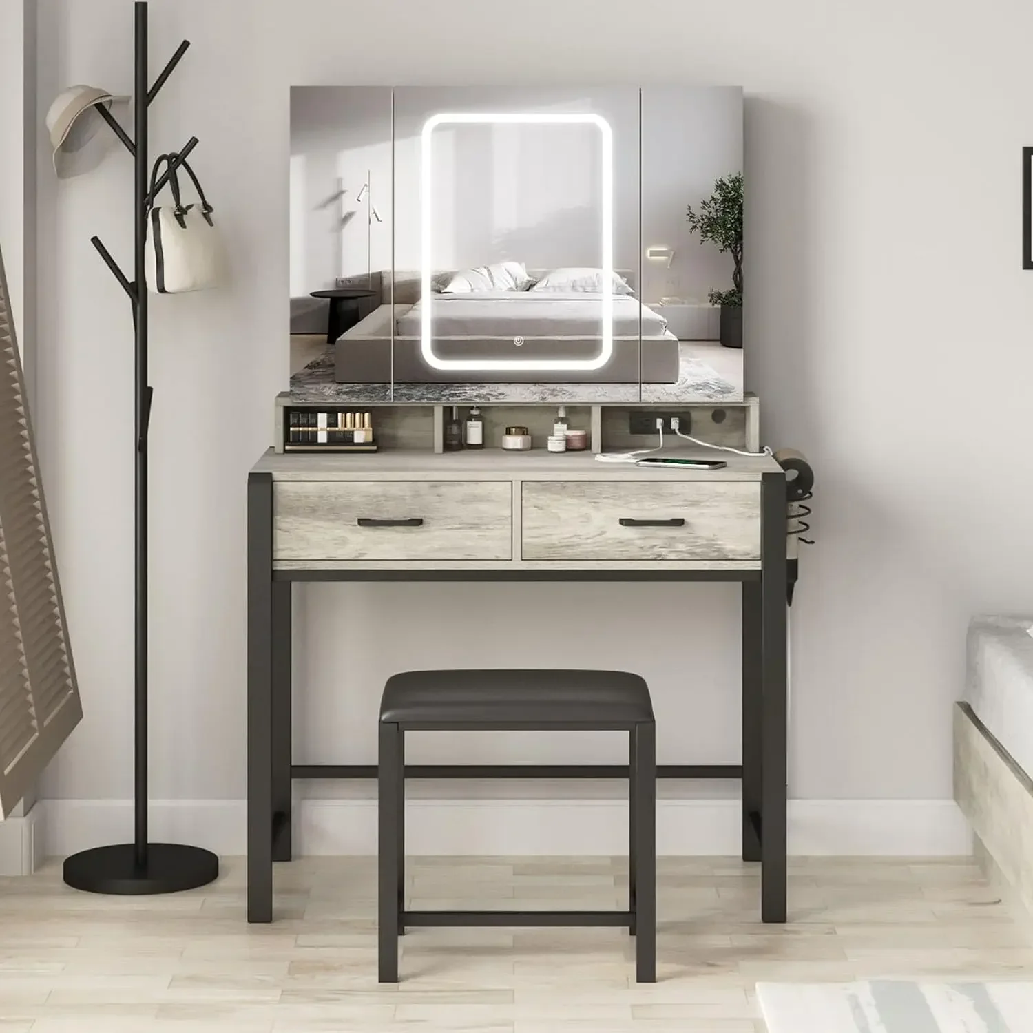 Vanity Desk with Lighted Mirror and Power Strip,Tri-Fold Mirror Makeup Vanity Table with Lights, Vanity Set with Hidden Shelves