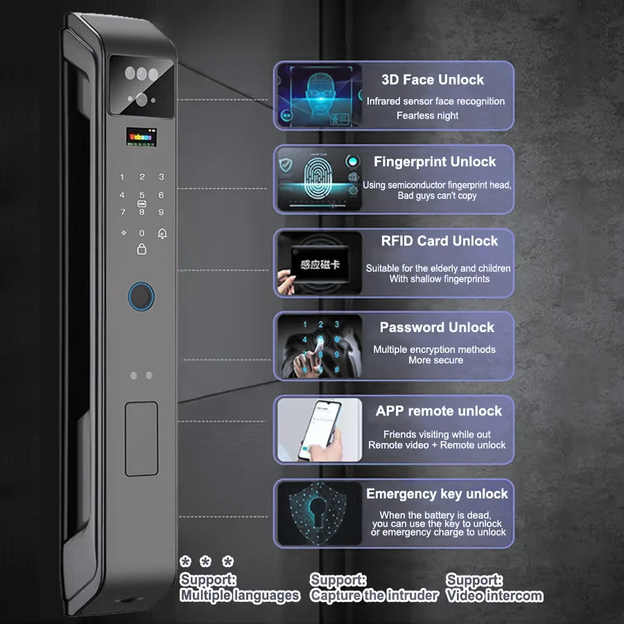3D Face Recognition Dual Battery Smart Door Lock Fingerprint Digital WiFi Dual Screen Display Video Intercom Aluminum/Steel Door