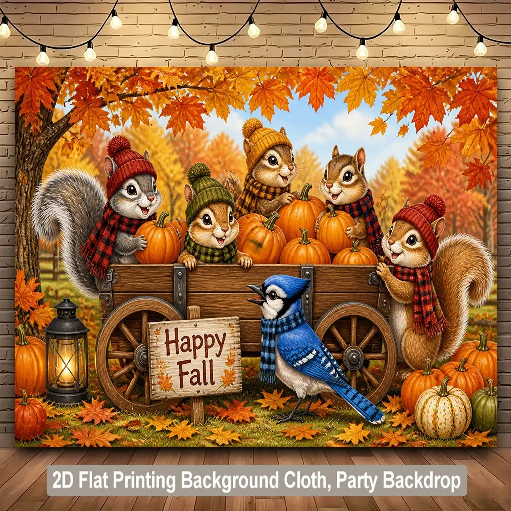 1PC Fall Squirrel Pumpkin Autumn Play Print Backdrop Banner, Bedroom Photo Background, Polyester, Party Decoration, Home Decor
