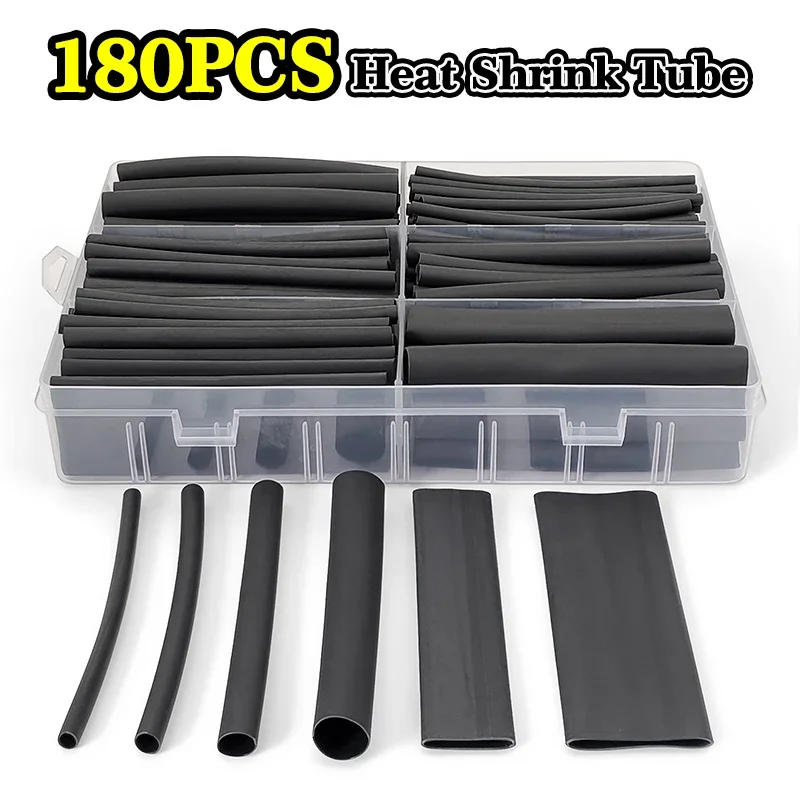 180Pcs Black 3:1 Shock Resistant Heat Shrink Tubing Flame Retardant For Precision Low Current Cable Wrap Repair
