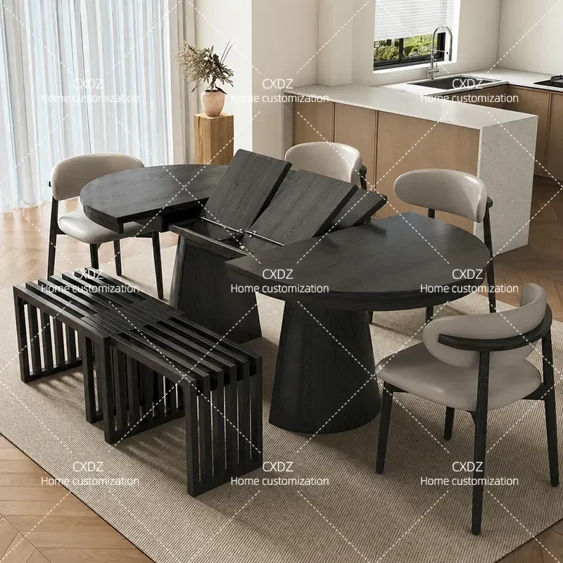 Black Solid Wood Retractable Dining Table Square Round Dual Purpose Multi Function Folding Oval Extendable for Kitchen Dining