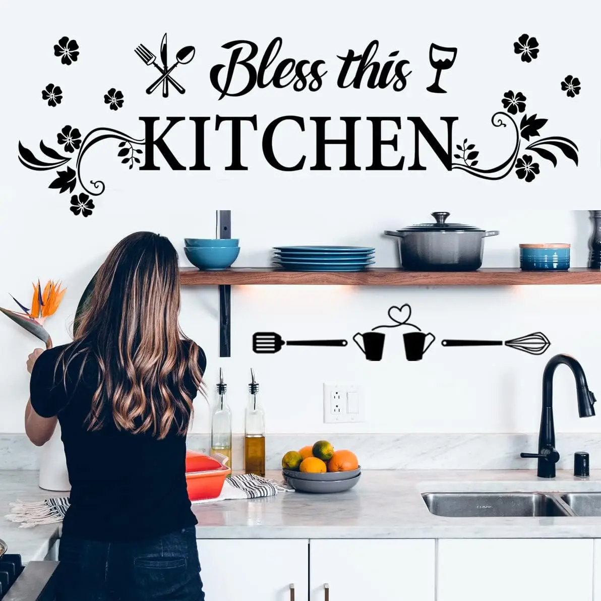 Bless This Kitchen Wall Decal with Flower Art - Removable Vinyl Sticker for Dining Room, Baking Room, Bar, Restaurant Home Decor view 4