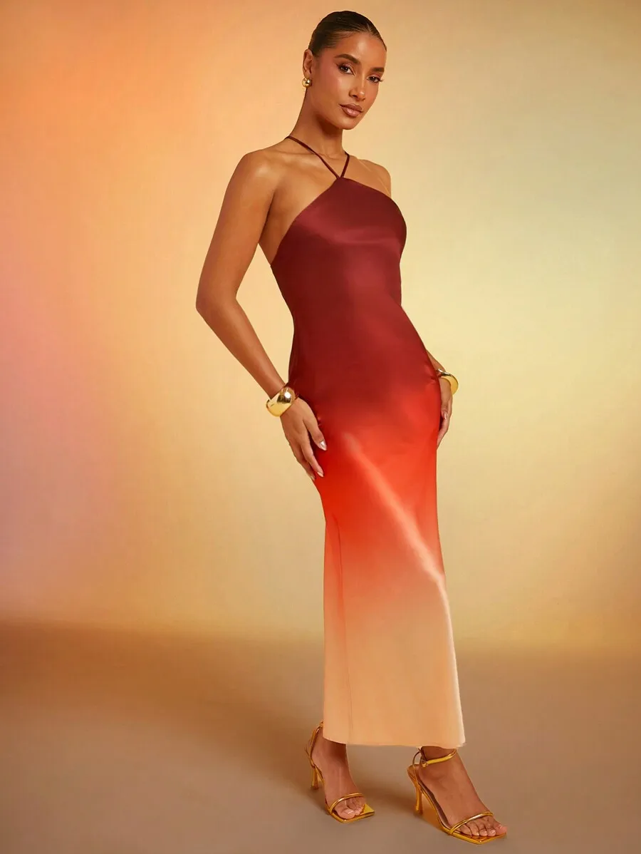 

Атласное платье макси омбре с открытой спиной, завязками на шее и бретельками