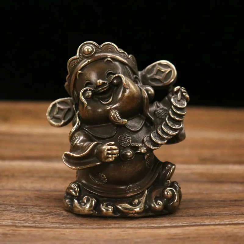 Brass Five-Way God of Wealth Small Figurine Cartoon Antique Collectible Car Home Desktop Ornament Bronze Sculpture Craft