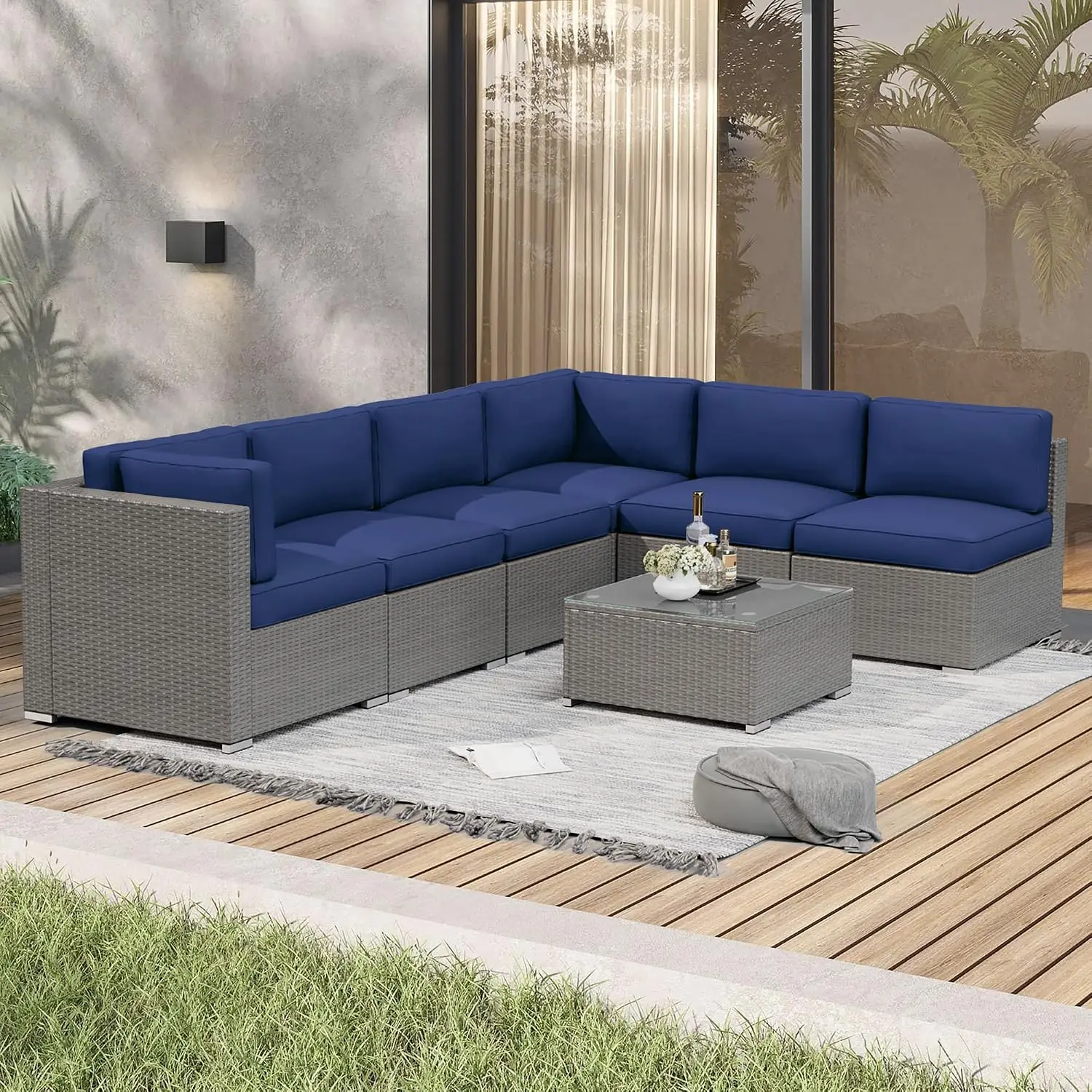 7-Piece Outdoor Patio Grey Rattan Wicker Sectional Sofa Set With Glass Table & Dark Blue Cushions, Customized