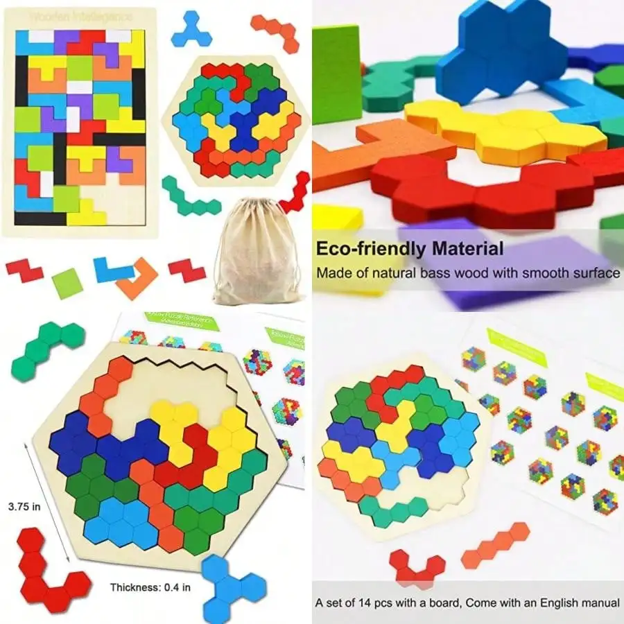 

2 Pack Wooden Russian Blocks & Hexagon Puzzles, Brain Teasers Logic STEM Toy for Kids & Adults