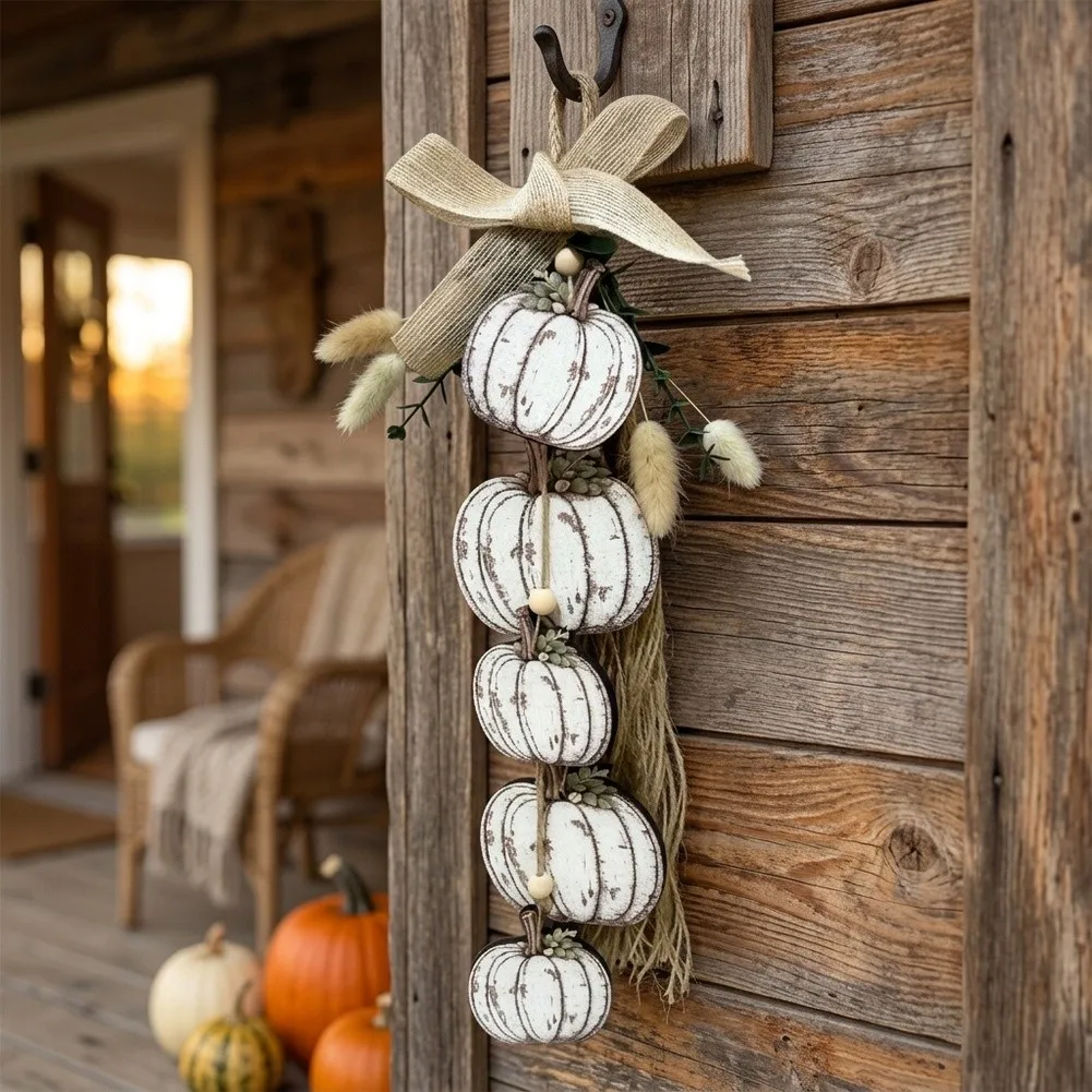 Rustic Wooden Pumpkin Door Hanging White Swag With Bow For Farmhouse Porch Front Door Wall Decor Autumn Thanksgiving Decoration
