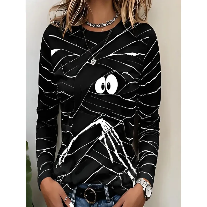 Halloween Mummy Wrap Boo 3D Print Long Sleeve Tee Family Matching Ghost Spider Graphic Top Adults Kids Spooky Party Casual Shirt