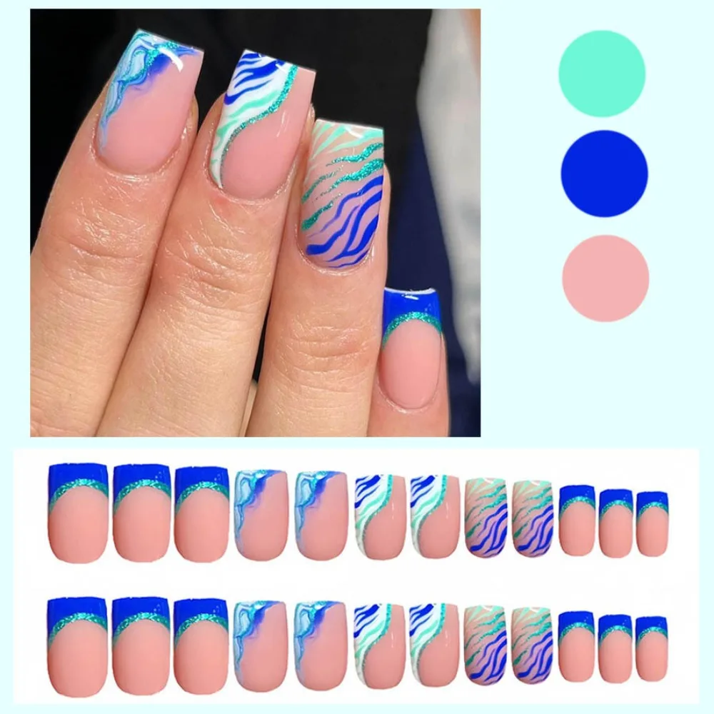 Wearable Manicure French Fake Nails Detachable Butterfly Flash Nail Tips Full Cover Square Head Press on Nails Women