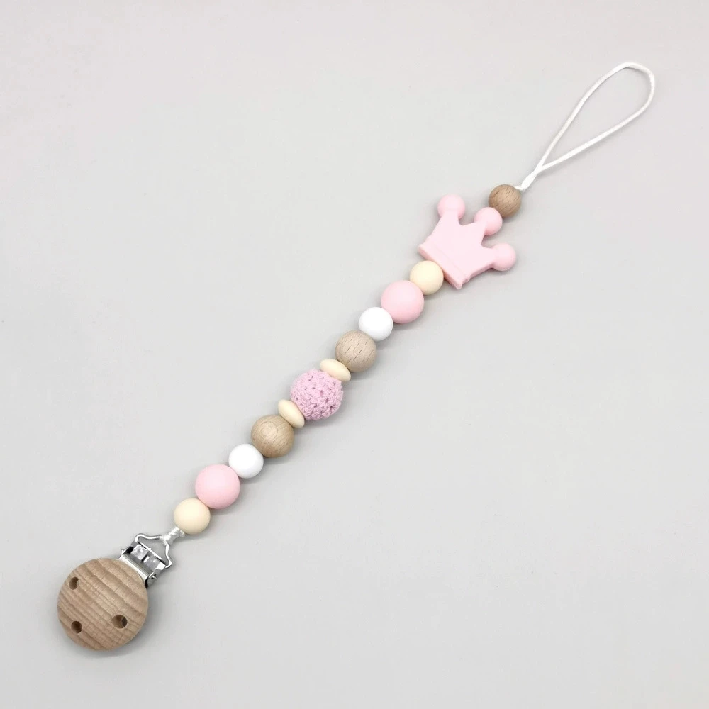 New Baby Pacifier Chain Clips Wood Silicone Round Crown Beads Teething Chain For Infant Appease Soother Dummy Holder Clip