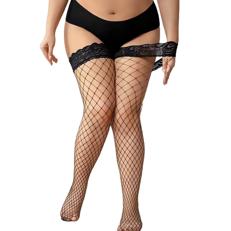 เซ็กซี่ Fishnets ถุงน่อง PLUS ขนาดผู้หญิงซิลิโคนกันลื่นลูกไม้ Stay UP ถุงน่องหญิงถุงเท้ายาวผู้หญิงต้นขาสูง xxxxxl