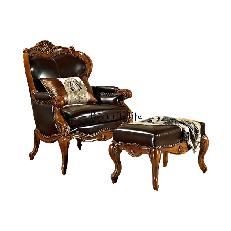 

European all-solid wood leather leisure chair American retro old guest chair