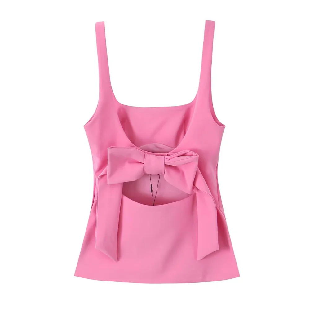 Top con decoración de lazo trasero de dos colores para mujer, chaleco de color sólido, decoración, ropa nueva de primavera/verano