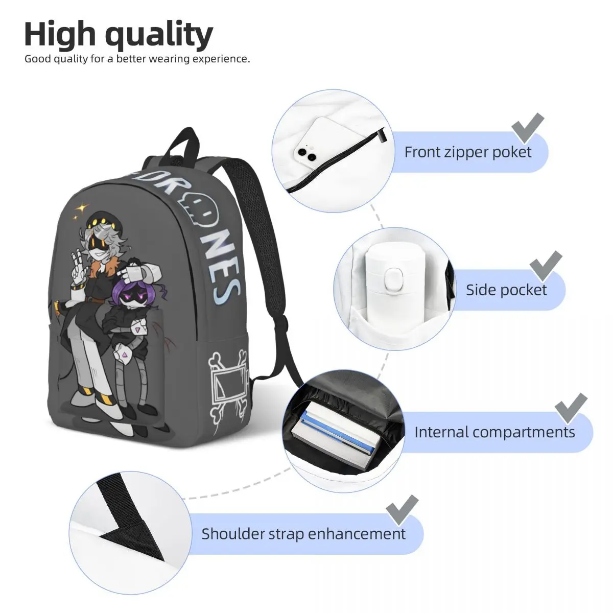 Murder Drones Uzi Doorman Backpack Outdoor High School Hiking Travel Anime Bone Batttery Cartoon Daypack Men Women Shoulder Bag