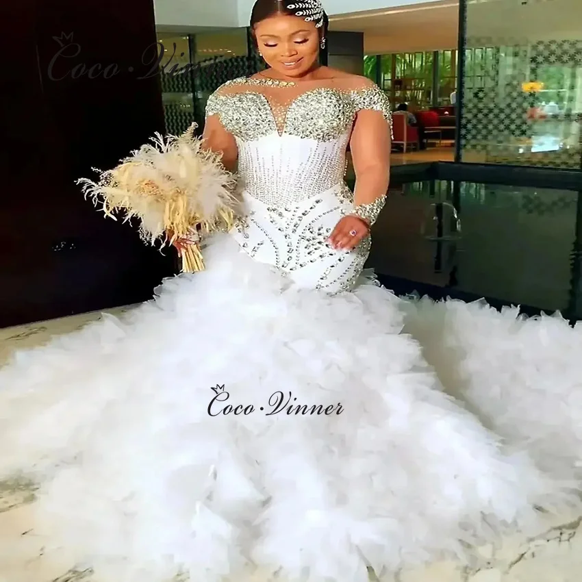 

Customized Big Tulle Ruffle Train Mermaid Wedding Dresses Africa 2026 New Heavy Sparkle Crystal Beaded Luxury Wedding Gown W1485