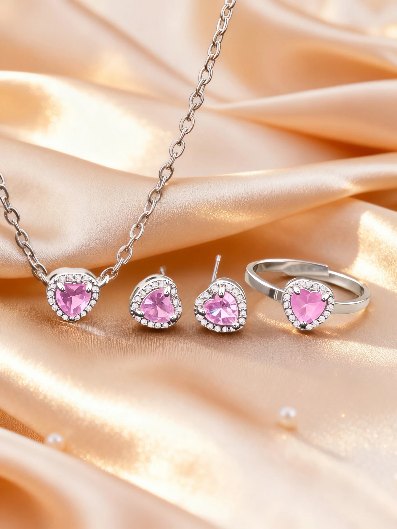 Ins-Style Pink and Red Heart-Shaped Diamond-Encrusted Jewelry Set, Cross-Border Best-Selling Three-Piece Jewelry Set, Niche Design Necklace, Earrings, and Ring, Gift for Girlfriend