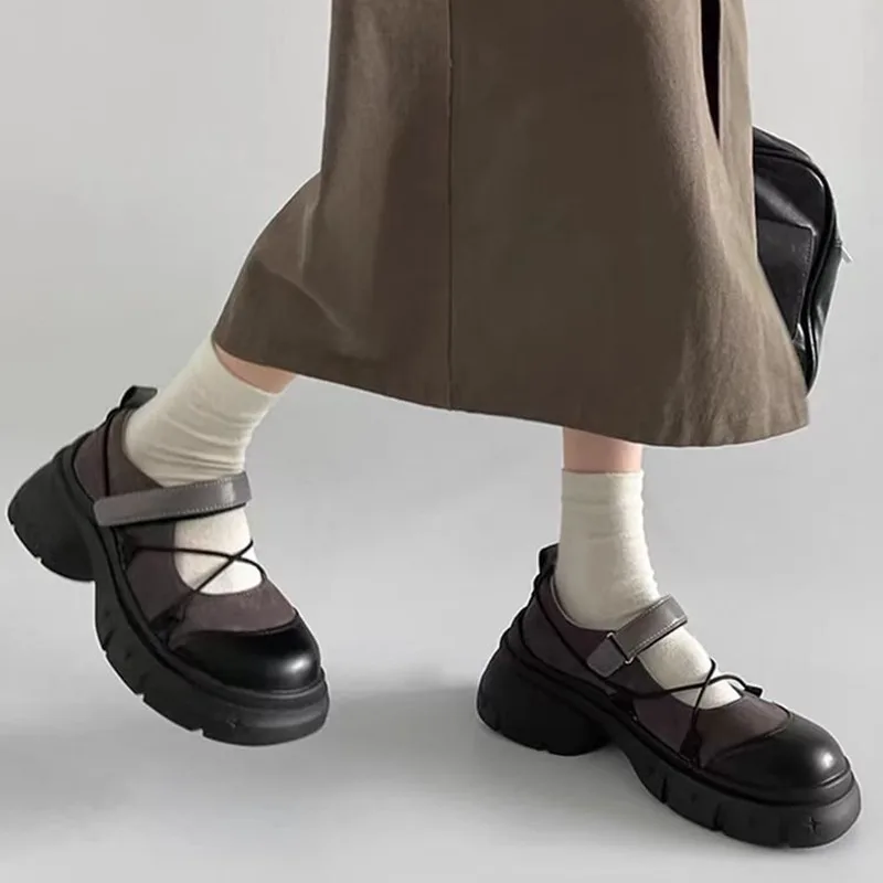 Retro Thick Bottom Mary Jane Shoes Women New Fashion Chunky Heel Women\'s Sneakers Black Gray Heightening Shallow Single Shoes