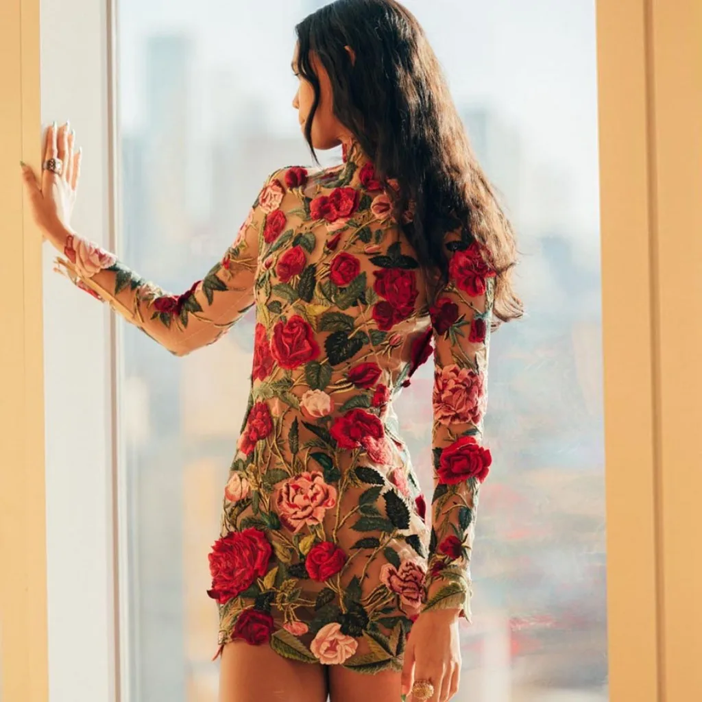 High Neck Flower Dress Printed Embroidered Mini Dress Long Sleeve See Through Rose Evening Dress For Wedding Party Custom Made