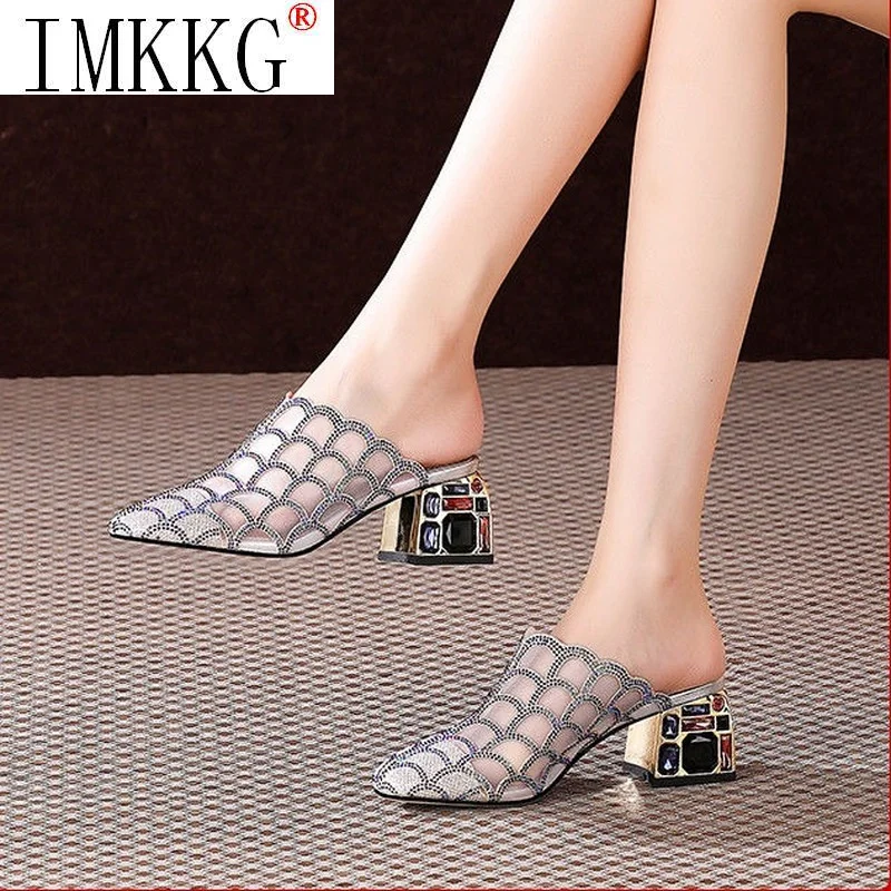 Rhinestone Half Slippers Women\'s Thick Heel 2022 New Summer Fashion Outwear High Heel Mesh Sandals Women\'s Soft Bottom Mules