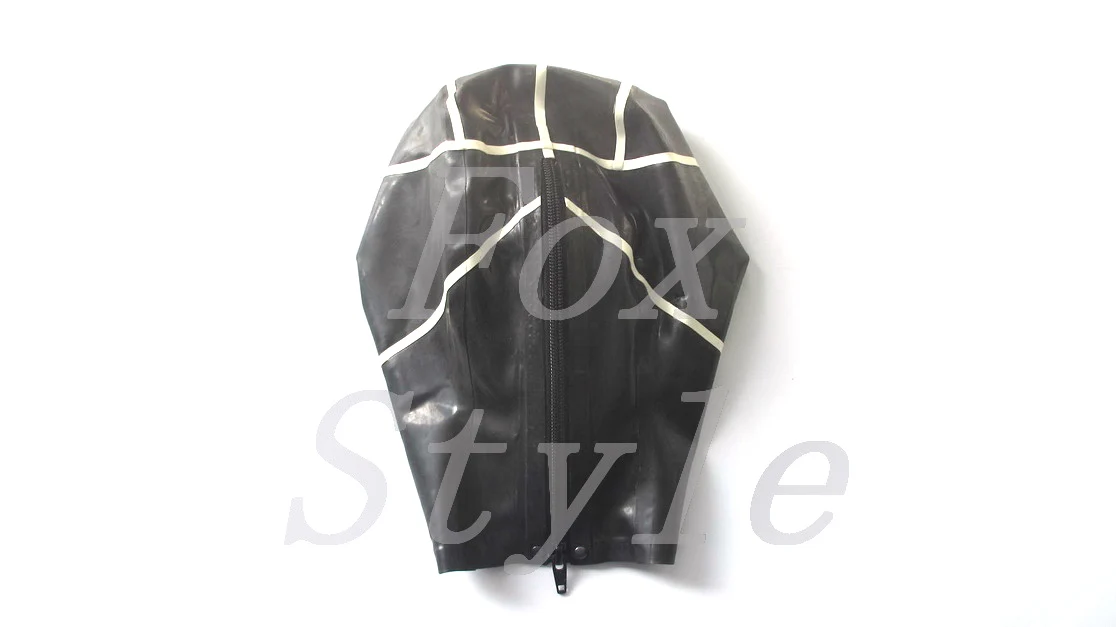 kisses latex rubber hood latex mask black color with white trim