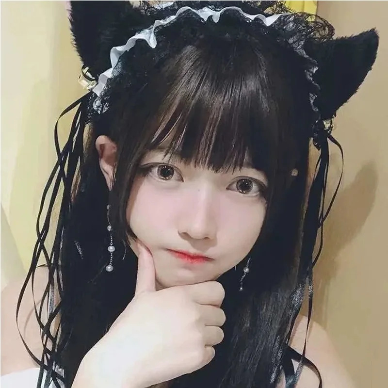 Diadema Lolita con orejas de gato para mujer y niña, lazo de encaje para la cabeza, tocado de sirvienta de Cosplay para fiesta de boda, accesorios para el cabello de Anime, 1 unidad