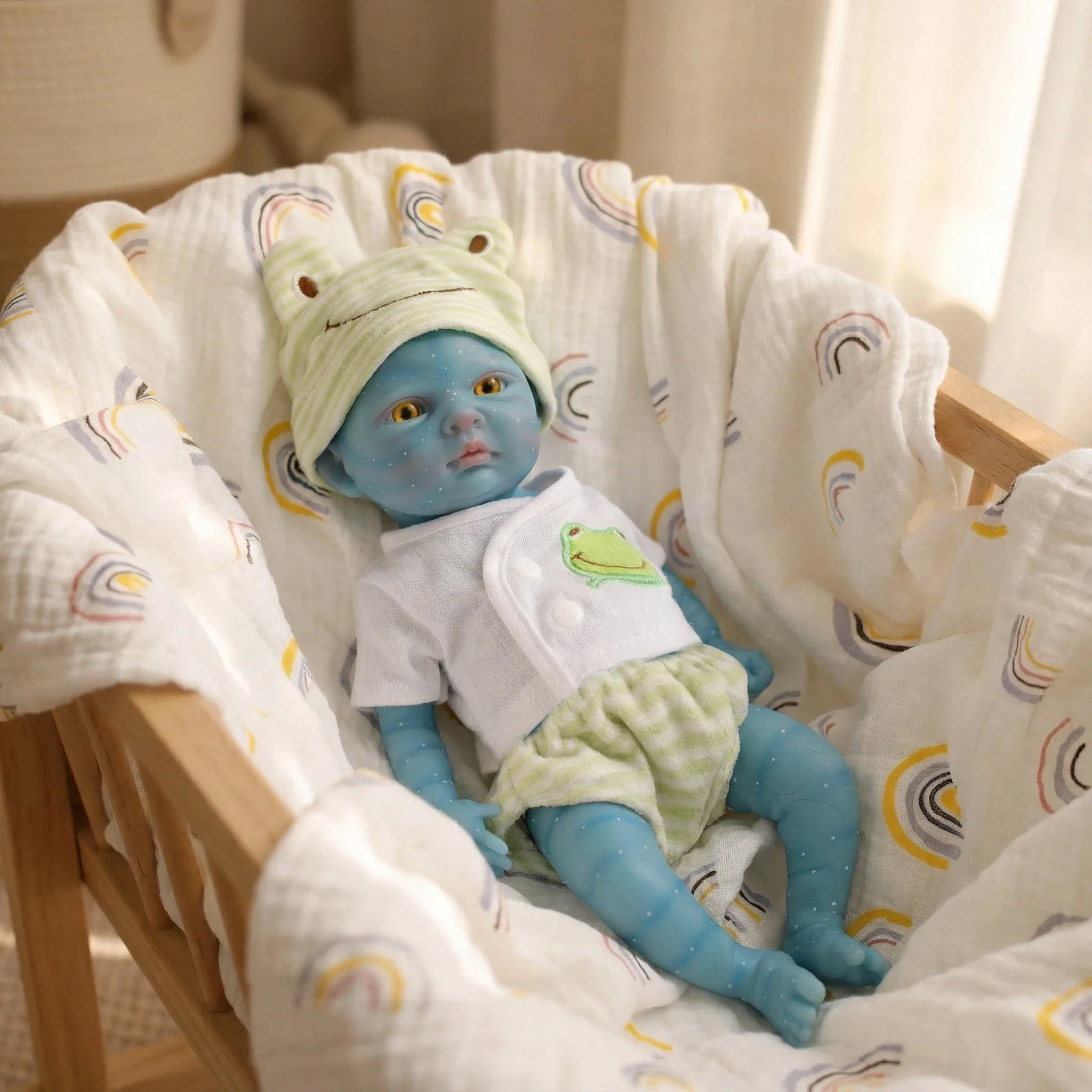 

12Inch Blue Skin New Solid Super Soft Elastic Silicone Reborn Fairy with Hand Painting 3D Skin Collectible Lifelike Art Doll