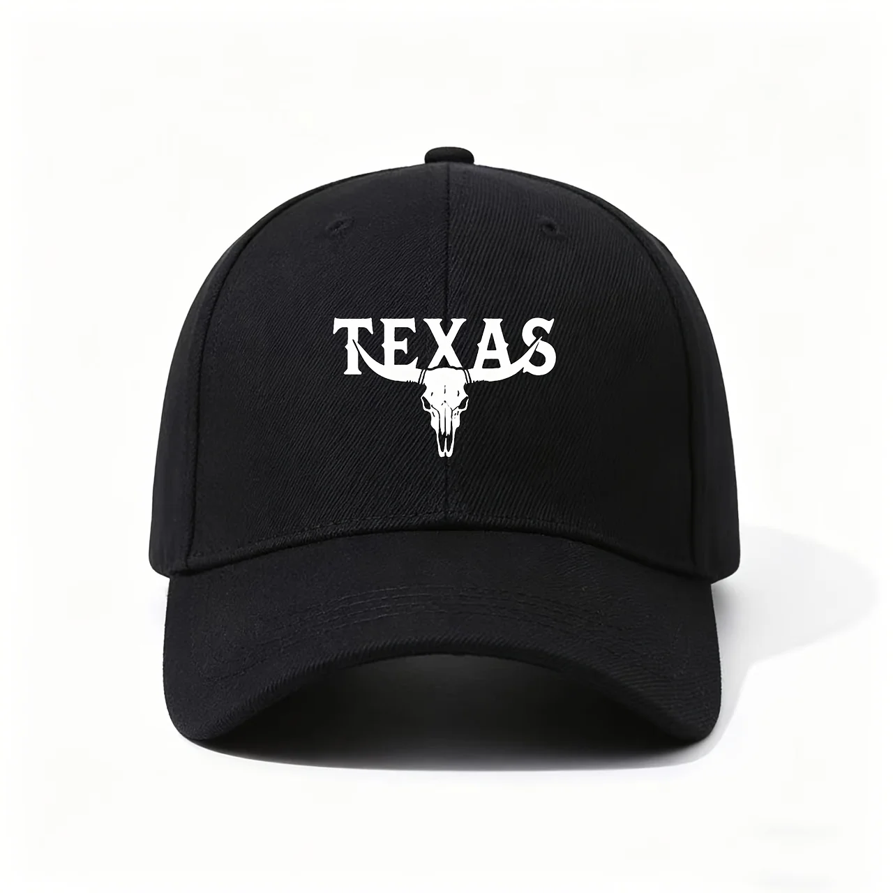 Baseball Cap, Showcasing The Word TEXAS Overlaid with a Longhorn Skull Silhouette, Classic Western-Inspired Design, Durable Mate