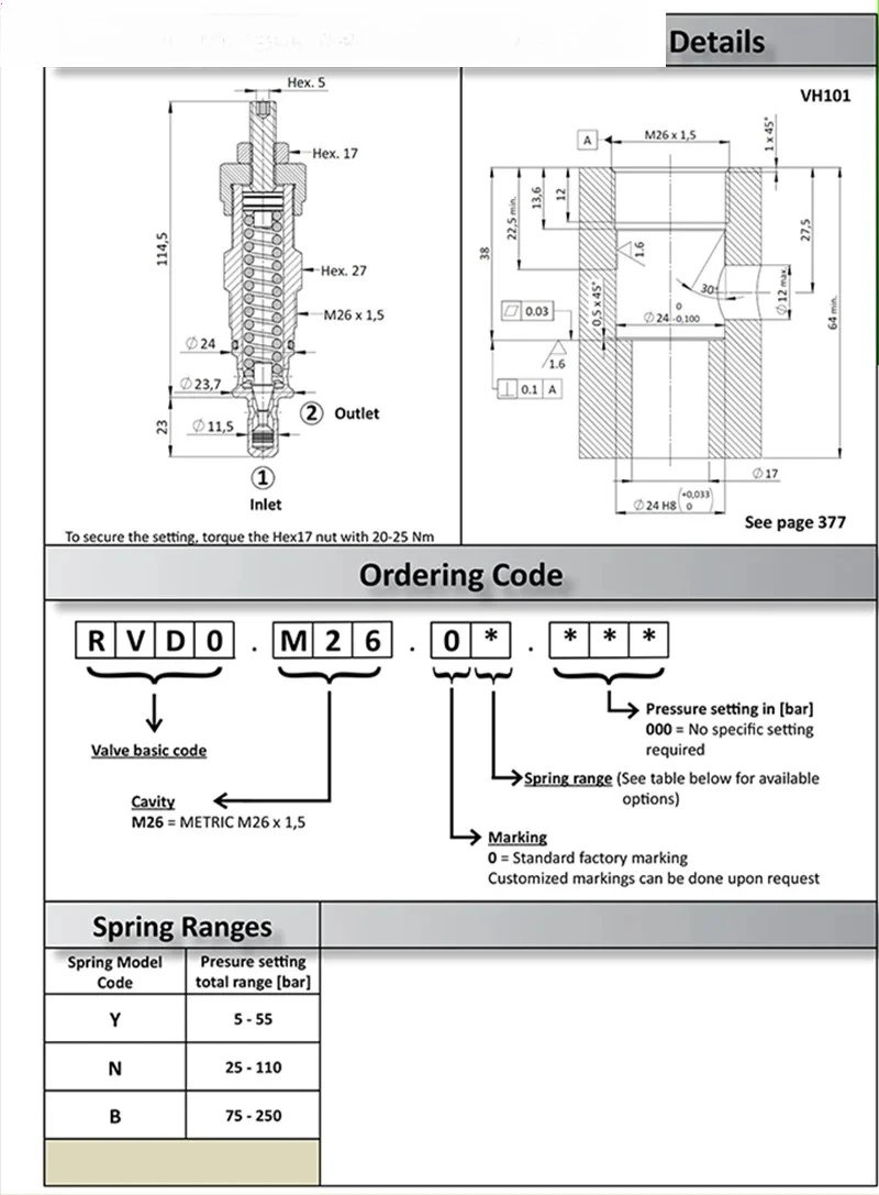 Válvula de transbordamento manual hidráulica sistema de alta pressão válvula de cartucho de rosca ajustável rvd0.m26
