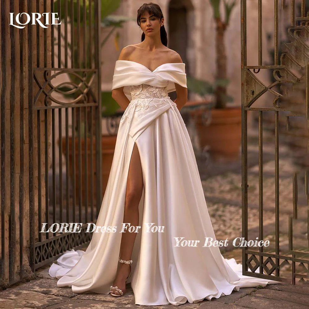 

LORIE White Split Wedding Dress Off Shoulder Satin Ruched Backless Sweetheart Bride Gown 2024 Sweep Train Lace vestidos de novia