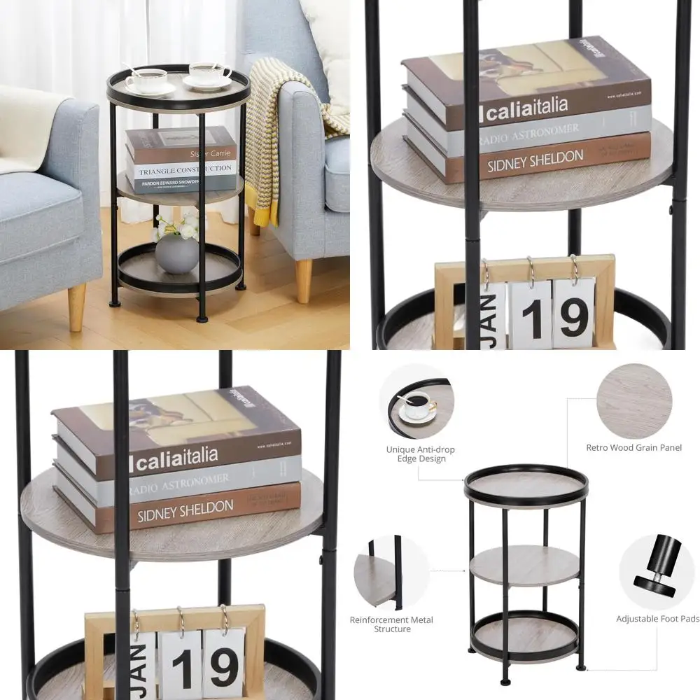 

Industrial-Style Round Coffee Table with 3 Shelves for Small Spaces, Suitable for Living Room, Bedroom, and Outdoor Use, Oak Fin