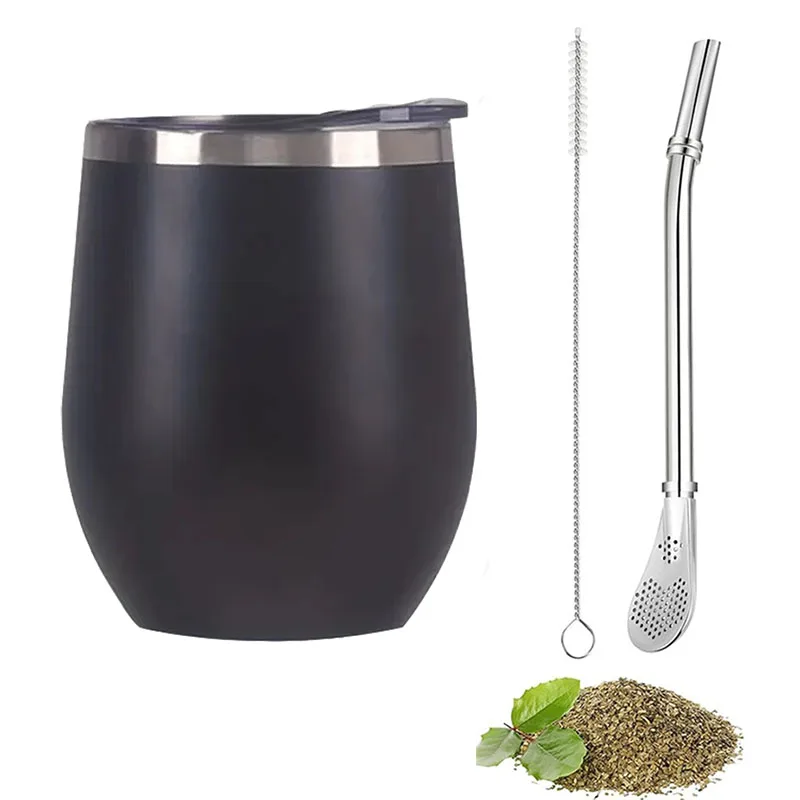 3pcs Stainless Steel Yerba Mate Cup Set 350ML Double-Wall Mate Cup Yerba Mate Gourd With Illas and Cleaning Brush for Drinks
