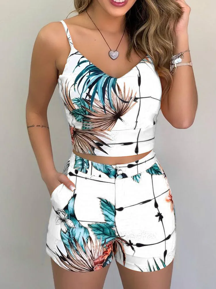 Print Spaghetti Strap Crop Top & Short Sets Casual Summer 2 Piece Outfits for Women