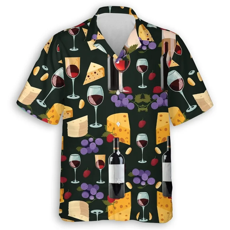 3D Print Sparkling Wine Graphic Hawaiian Shirt For Mens Summer Short Sleeve Champagne Button Down Beach Shirt Mens Blouse Tops