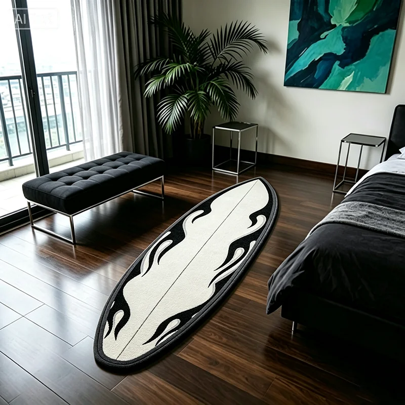 Black‑White Flame Surfboard‑Shaped Rug Cool Stylish Long Bedside Mat Creative Plush Floor Mat for Living Room Gaming Bedroom