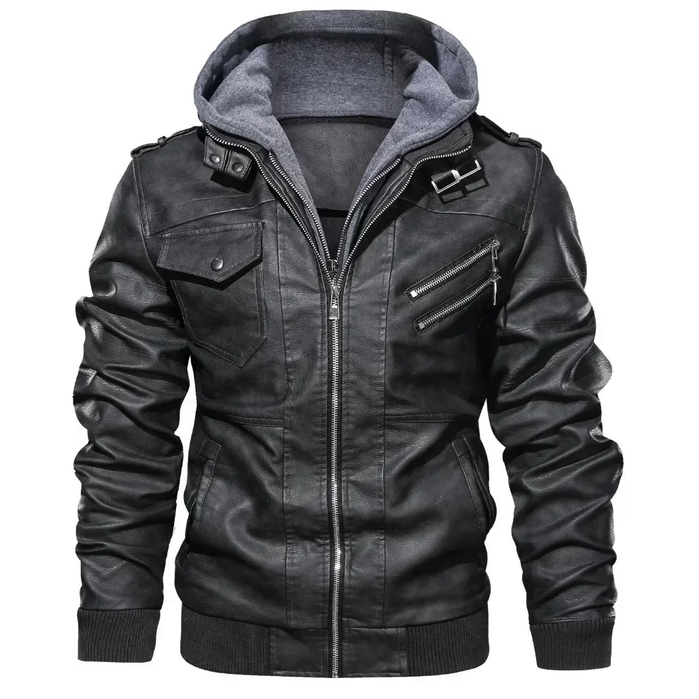Men PU Leather Jackets Zipper Hooded Faux PU Leather Jacket Long Sleeve Coats Pockets Cardigan Punk Loose Coat Streetwear Mens