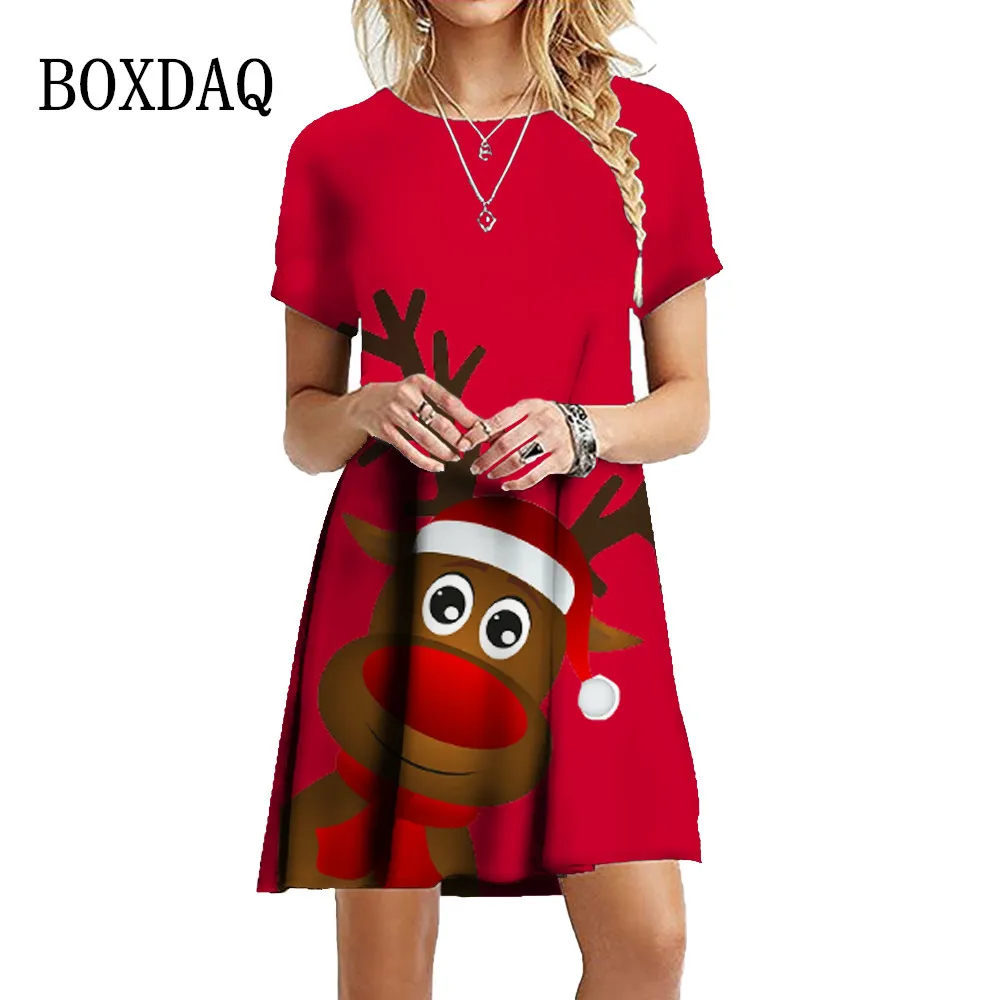 Red Christmas Style Funny Elk Print Dress Women Fashion Cute Short Sleeve A-Line Dress Loose Casual Mini Party Dresses Oversized