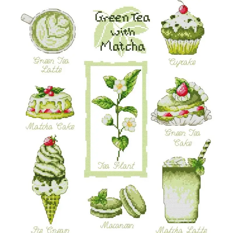 

Green Tea Cake Cross Stitch Kits Aida 14ct 16ct 11ct Canvas Printed Fabric Cotton Thread Embroidery Set DIY Handmade Needlework